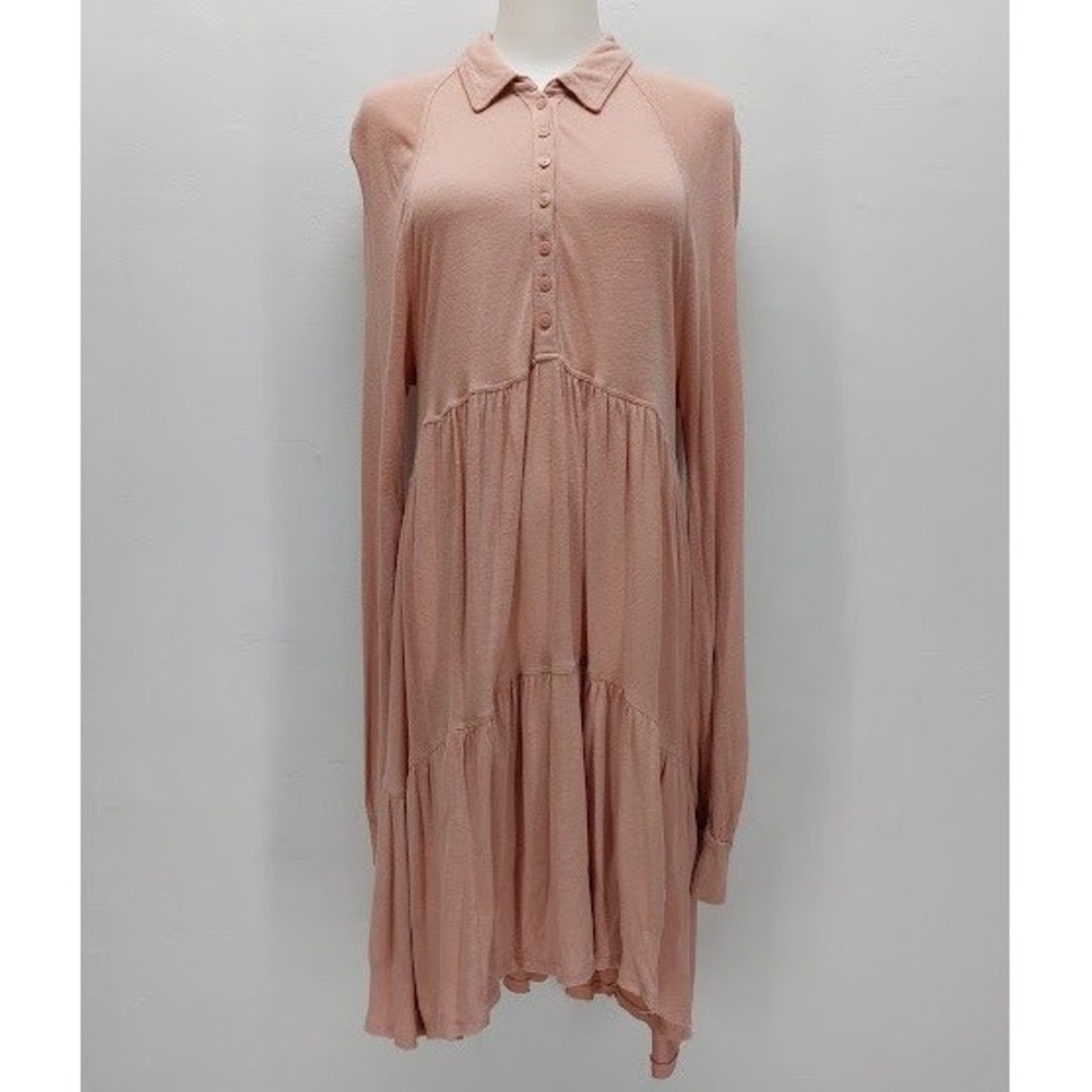 Free People Mini Dress Women's Medium Pink Tiered Long Sleeve Keyhole Back Linen
